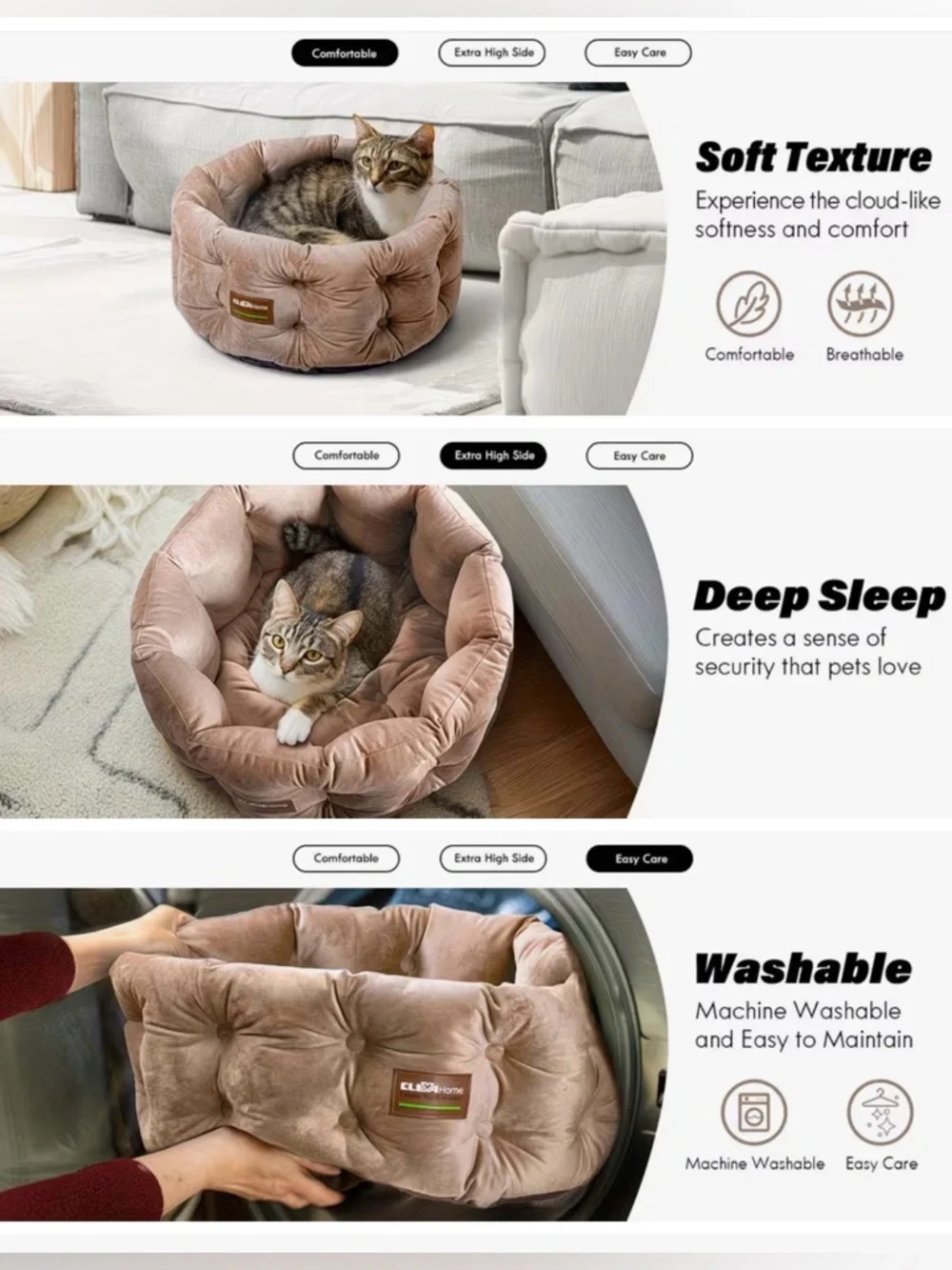🟤 ClevaHome Beige Plush Cat Bed - Cozy Round Pet Nest